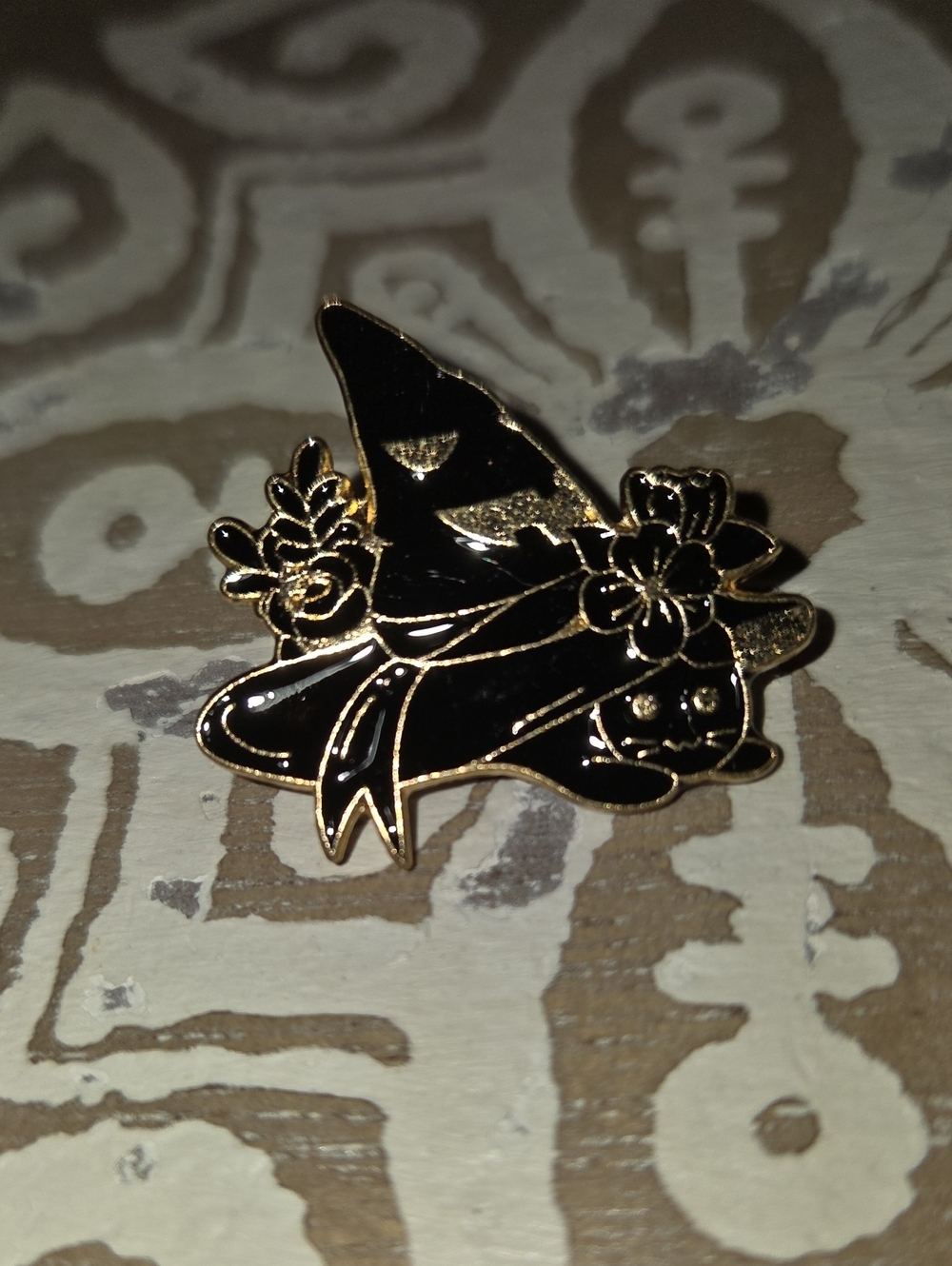 Enamel Witch Hat Pin - Black and Gold Floral Accent With Cat